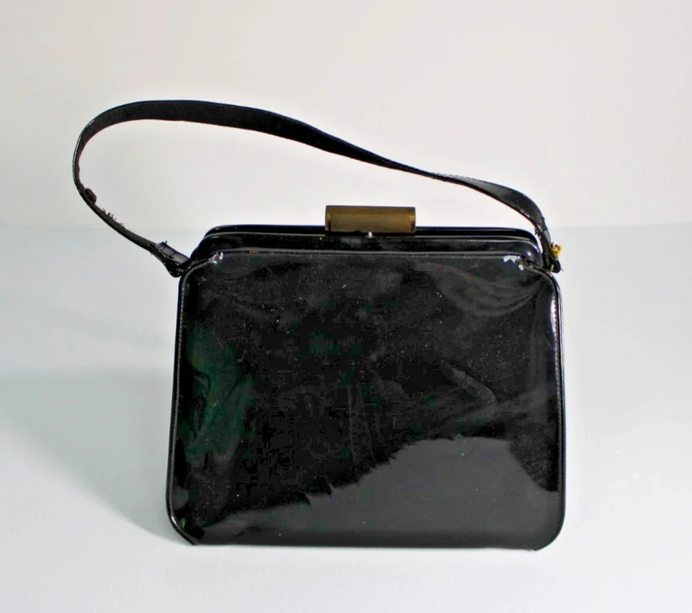 Vintage 1950s 1960s Black Patent Structured Frame Handbag Gold Bar Clasp MCM